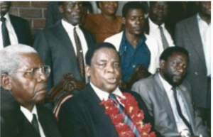 With Mabhaudi Zengeni (glasses) & Leonard Nyemba at press conference held at his residence in Harare on the day of his return to Zimbabwe in 1992